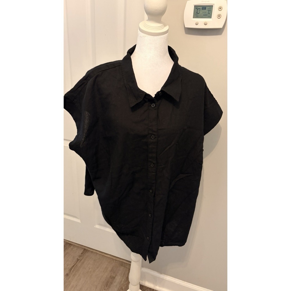 A New Day Black Linen Blend Button Up Shirt 3X Oversize Boxy Light Layer NWT